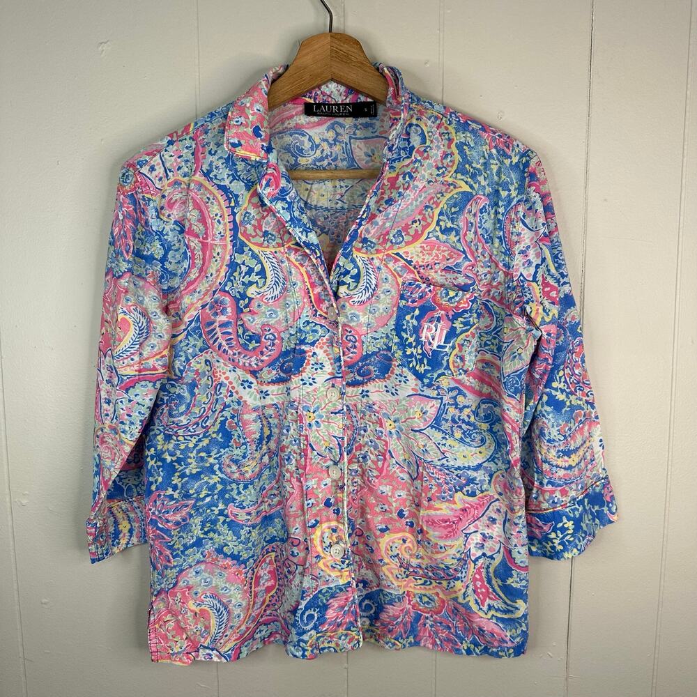 Ralph Lauren Womens S Pink Blue Paisley Pajama Top RLL Monogram Sleep Shirt